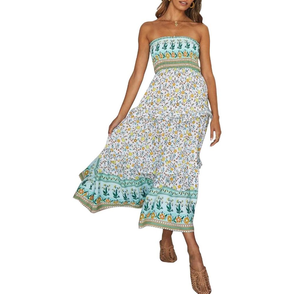 ZESICA Women's Summer Bohemian Floral Printed Strapless Beach Long Maxi Dress